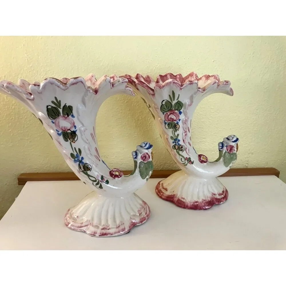 Pair of floral cornucopia vases